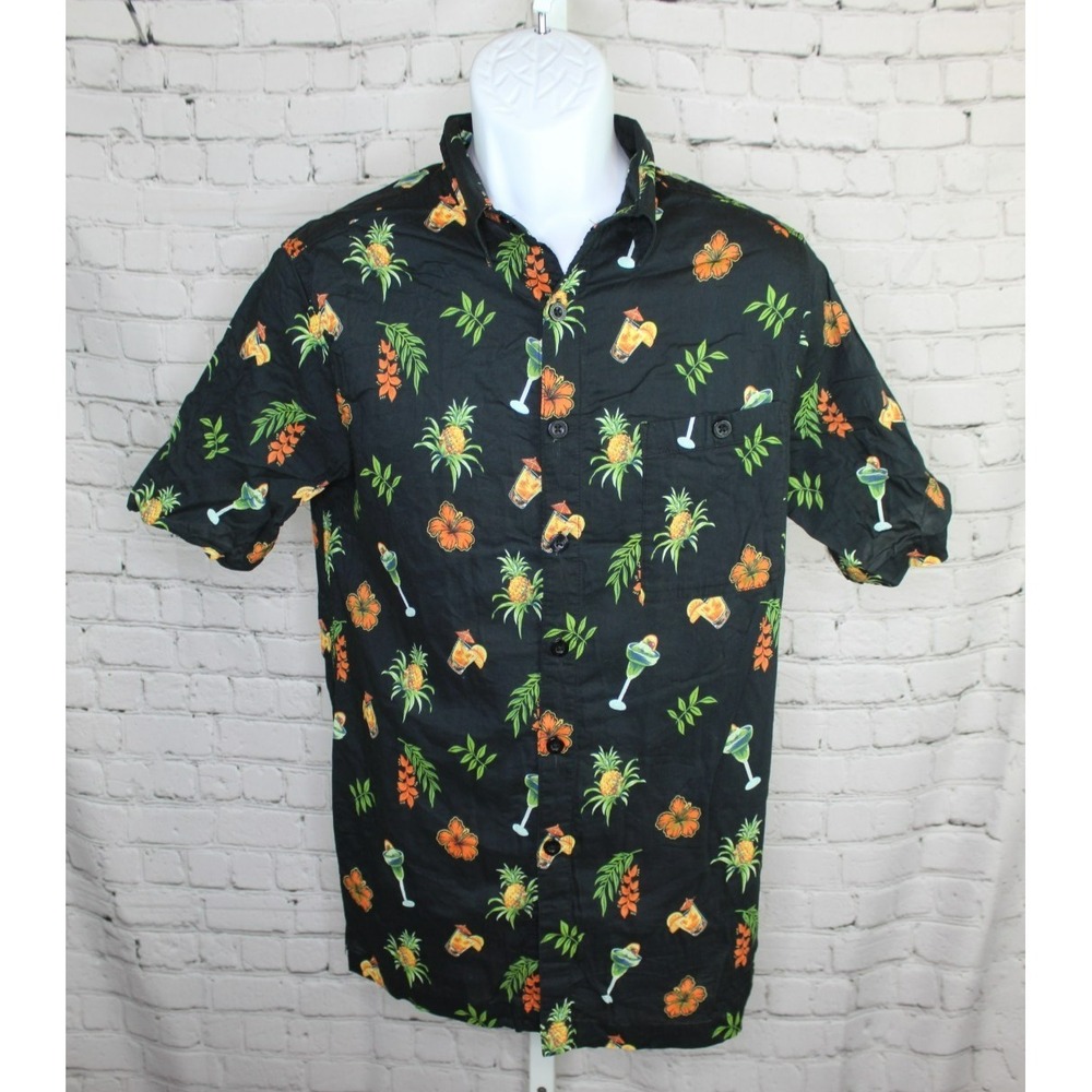 Weekender Hawaiian Shirt Button Down Mens Medium Black Cocktails Drinks Floral